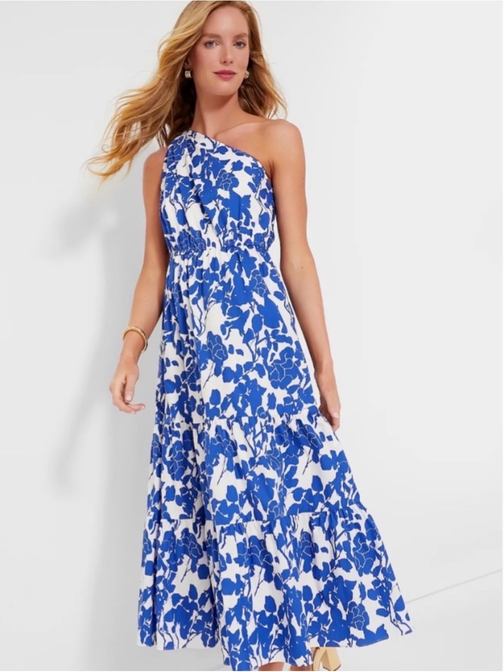 One-Shoulder Royal Blue Floral Maxi Dress